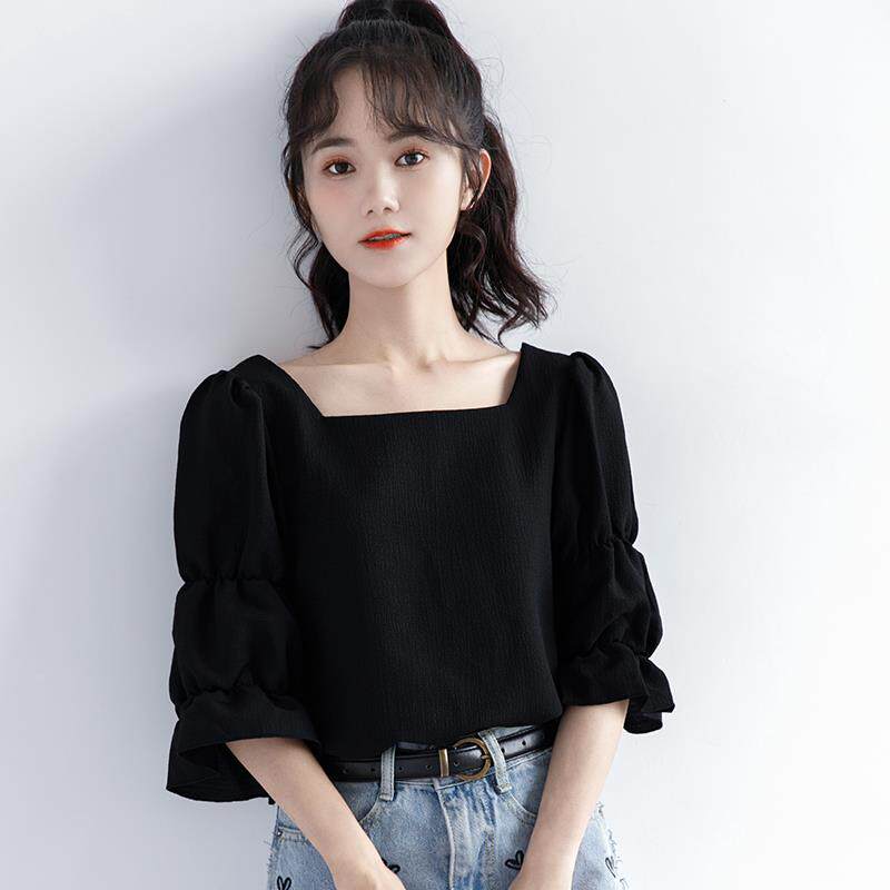韩国2024年夏季新款短袖黑色t恤女设计感法式锁骨方领泡泡袖上衣