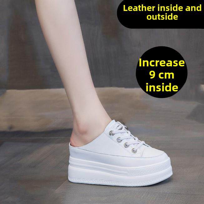 厚底女凉鞋，内高增加9公分，黑色平底鞋，夏季拖鞋，真皮，透气