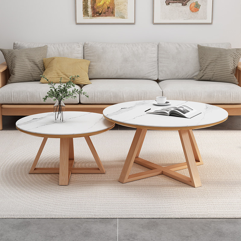 8V实木岩板圆形茶几简约现代客厅家用小户型茶桌日式原木色咖啡桌