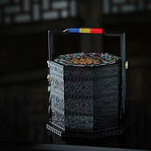 紫光檀镶嵌螺钿人间喜乐提盒三层点心盒中式 古雅提盒西番莲纹榫卯