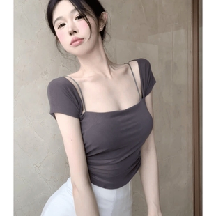 纯欲方领短款 t恤女夏季 打底衫 新款 辣妹性感小众上衣 拼接网纱短袖