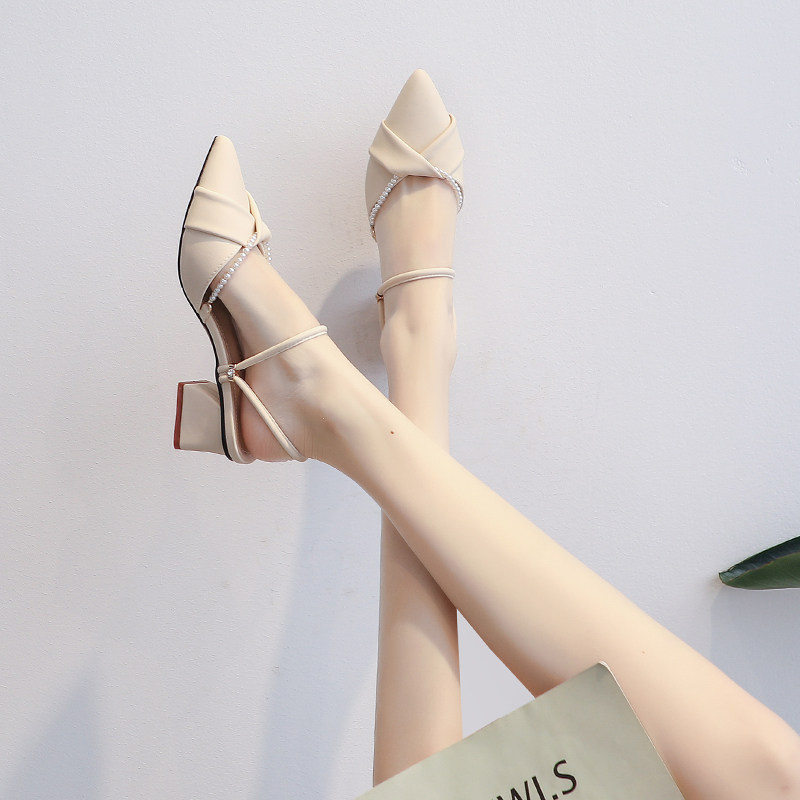 潮牌气质法式包头凉鞋女2024夏季新款百搭配裙子温柔高跟尖头单鞋