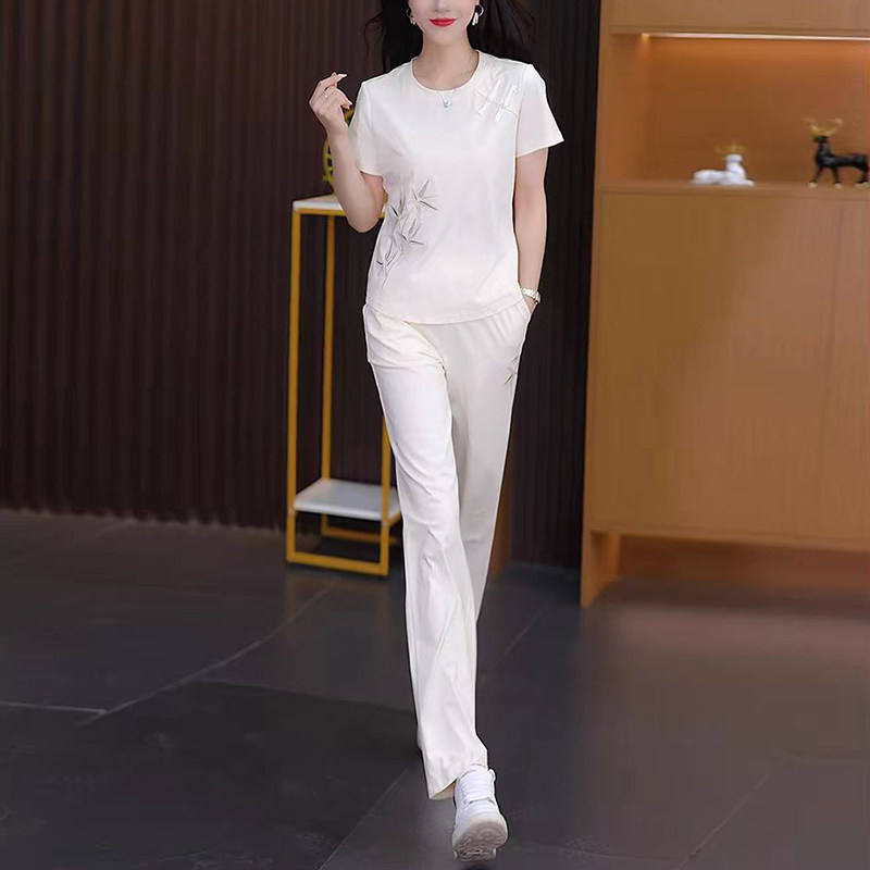 欧洲站休闲运动套装女2025年夏新款时尚洋气宽松短袖阔腿裤两件套