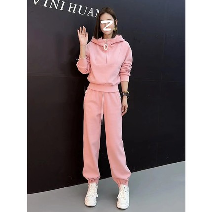 欧洲站粉色时尚套装女时髦洋气秋冬加绒连帽卫衣休闲运动裤两件套