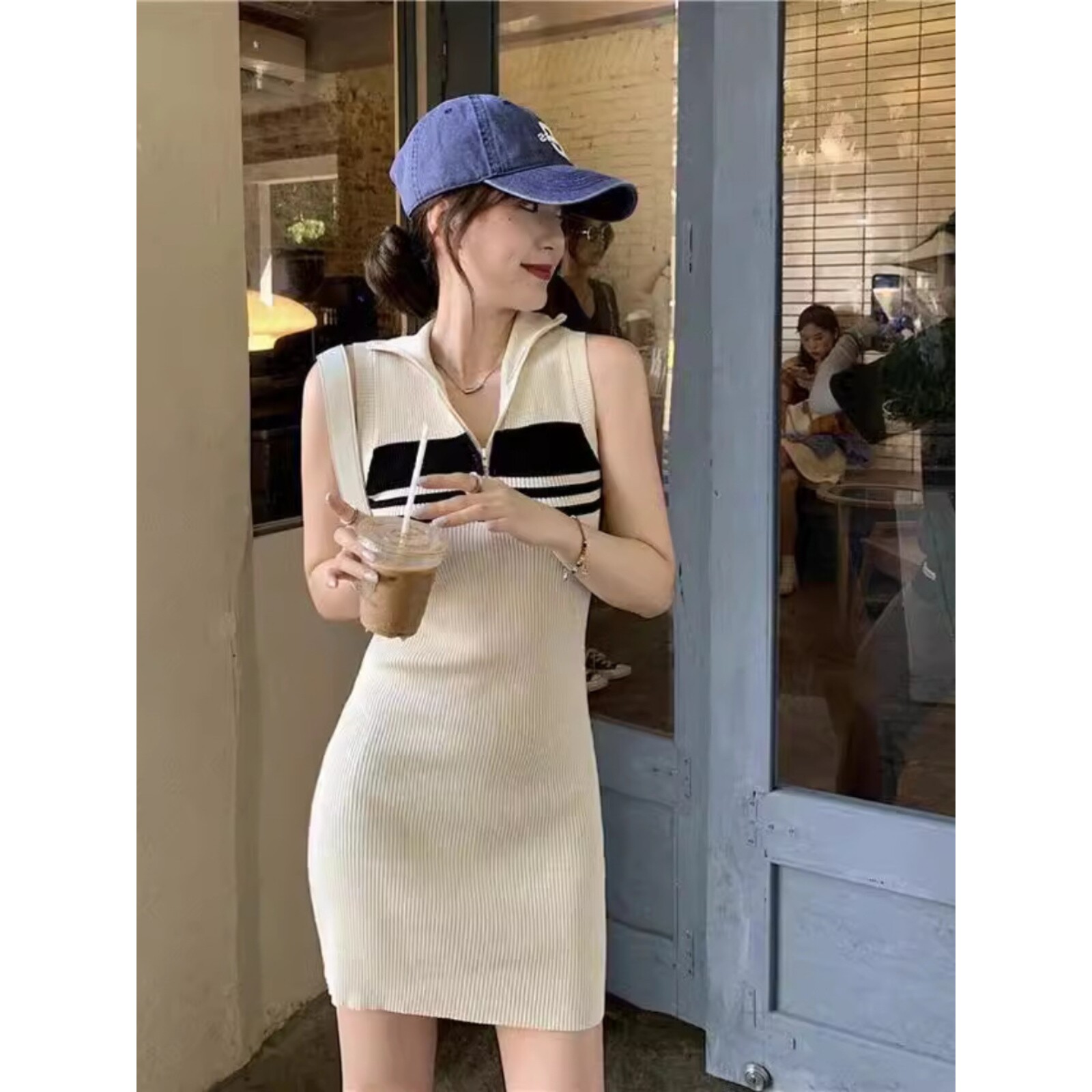 欧洲站2024夏季撞色条纹针织连衣裙女辣妹修身显瘦包臀Polo短裙子