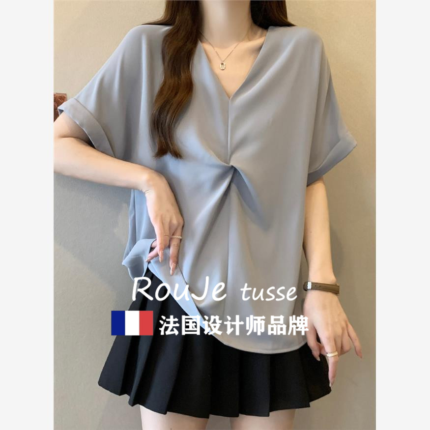 法国Rouje tusse大码女装遮肚子扭结V领雪纺衬衫女夏显瘦减龄上衣