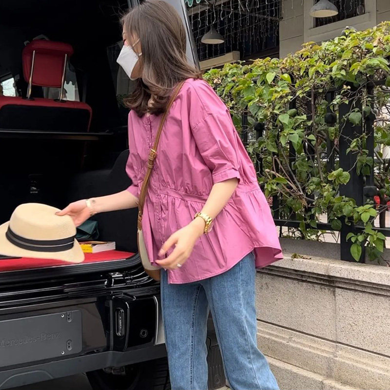 韩国春夏新款设计感拼接不规则短袖红色衬衫女休闲遮肚子显瘦上衣
