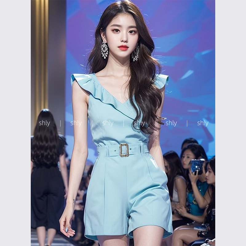 shly今年流行爆款高端精致独特超好看蓝色连体短裤2024女夏季新款