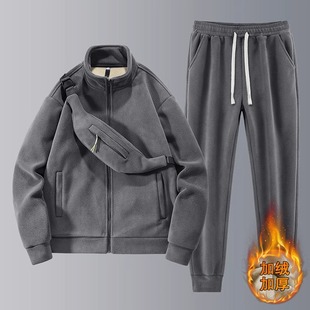 奥粒绒拉链立领卫衣套装 子休闲两件套 男秋冬季 潮牌宽松加绒运动裤