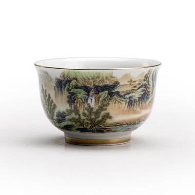 富春山居图主人杯单杯茶杯品茗杯描金内绘青花山水茶盏复古茶具