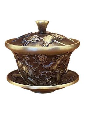 黄铜盖碗三件套茶碗工艺品摆件茶具茶杯佛前供水碗龙凤杯盏莲花杯