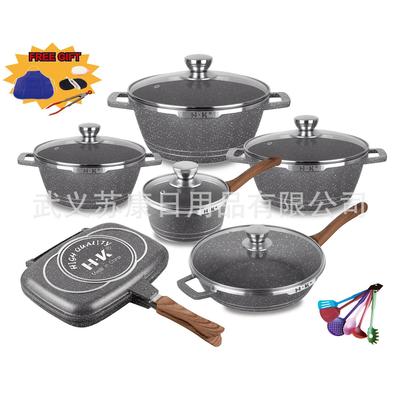 new新款23PCS麦饭石套锅POT压铸锅不粘锅套装20/24/28/32烤盘