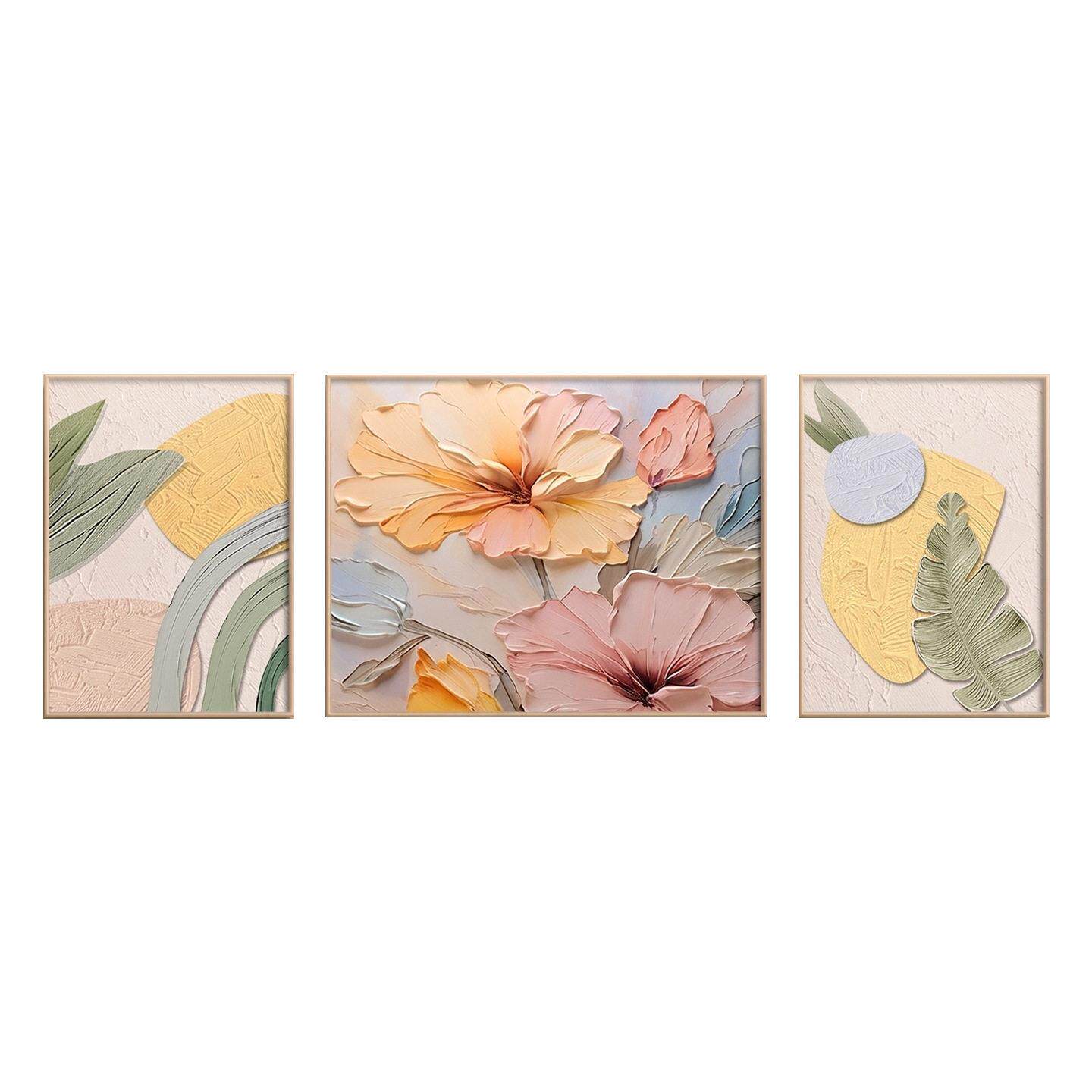 奶油风大芬油画村客厅装饰画简约肌理感花卉三联挂画级艺术壁画