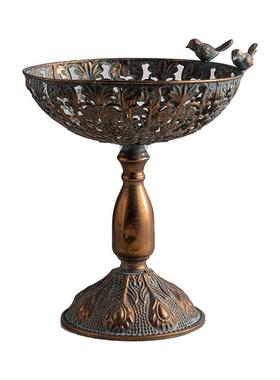 仿古铜玄关装饰摆件铁艺高脚水果托盘美式复古民宿装饰品鸟食盆