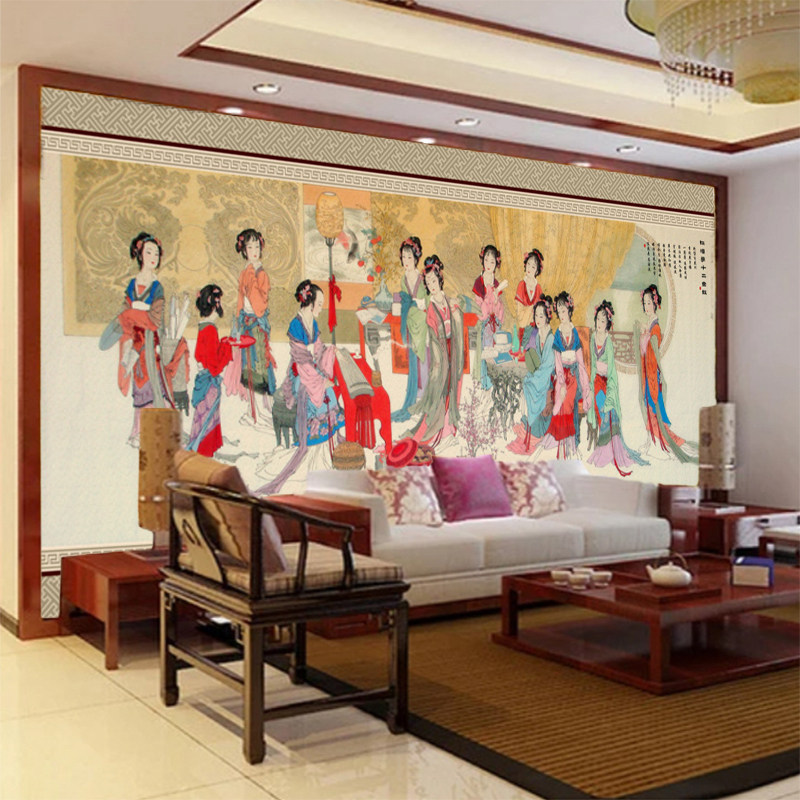 古代红楼梦美人壁画古风墙纸明清古典金陵十二钗美人餐厅饭店壁纸