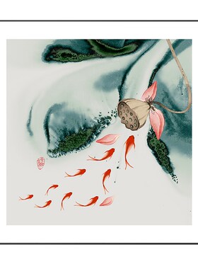 好货新中式九鱼图茶室背景墙挂画吉祥方形走廊过道装饰画禅意荷花