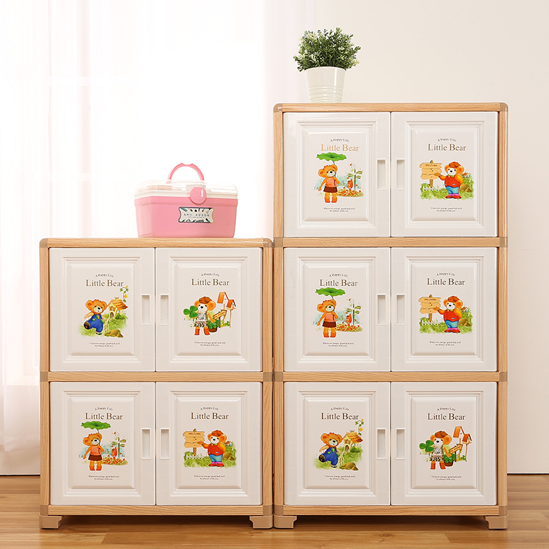 儿童衣柜收纳柜卡通经济型铝合金浅木纹塑料双开门宝宝储物柜组合