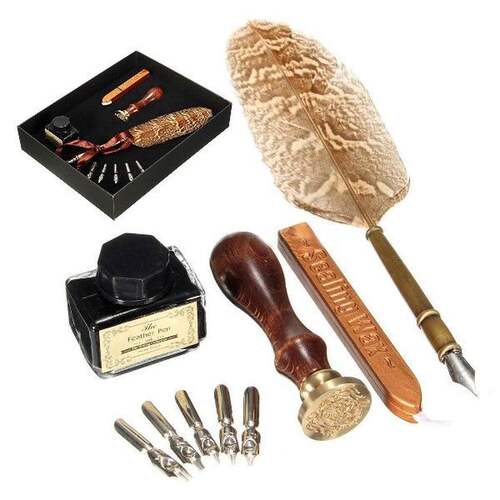 极速New 1 Set Antique Owl Feather Quill Dip Pen Writing Ink