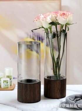 简约直筒木墩透明玻璃花瓶原木圆柱富贵竹装饰品水培插花乾燥花摆