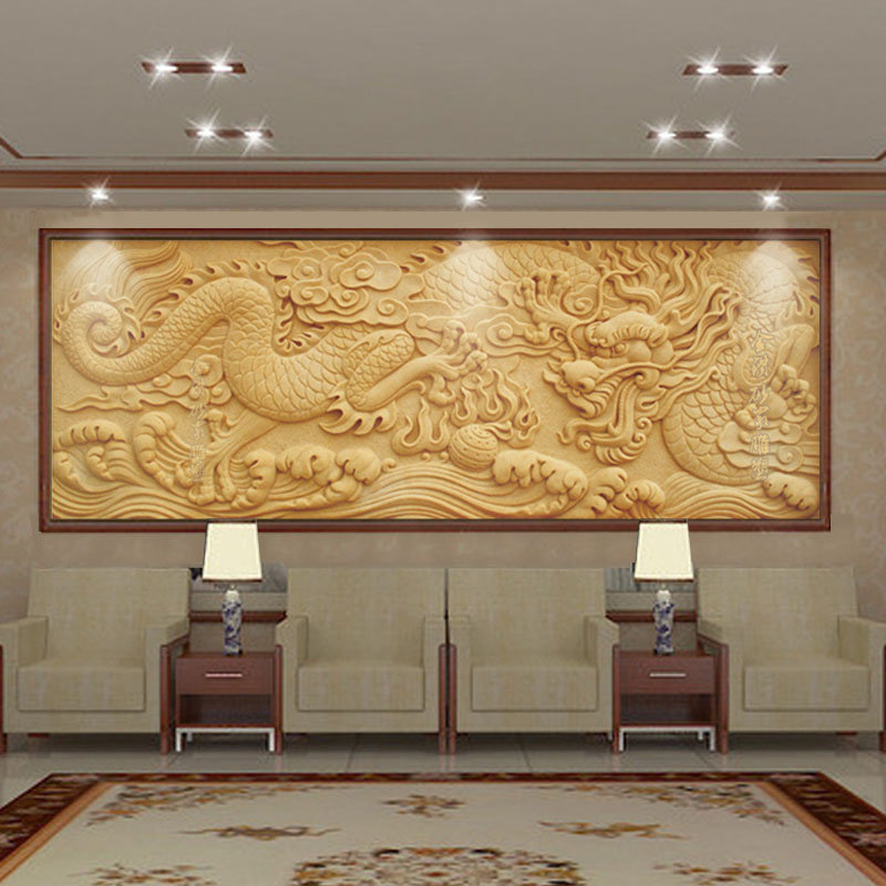 极速砂岩浮雕壁画游龙图沙岩背景墙板材浮雕壁饰装饰画前台壁画