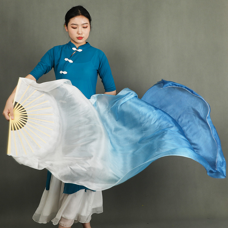白渐层灰蓝真丝长绸扇渐层色舞蹈扇子古典舞秧歌扇广场舞表演道具