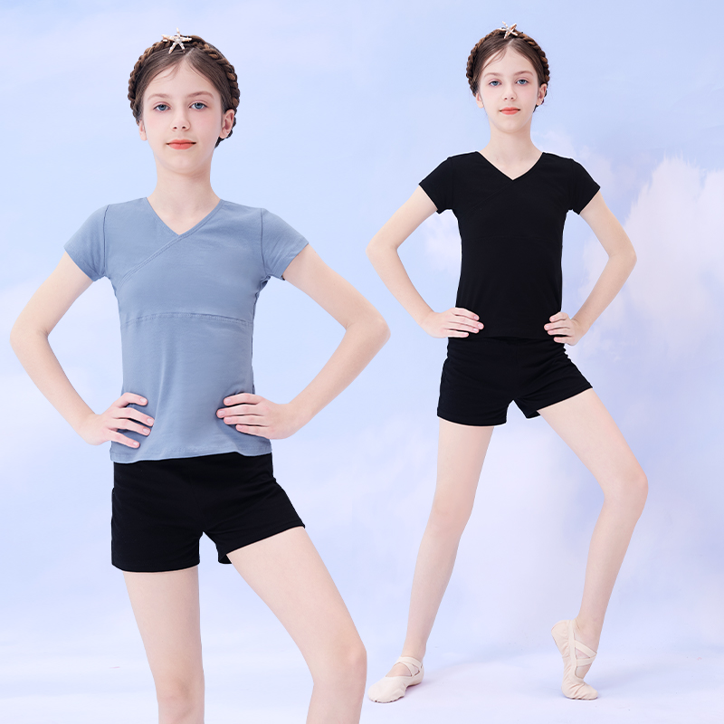 儿童舞蹈服套装黑色女童夏季短袖短裤练功服少儿中国舞上衣体操服
