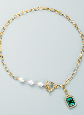 ins时尚小众设计方形合金镶钻项链女 冷淡风网红热卖简约珍珠项链