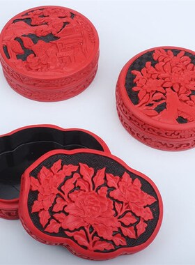 好货4寸北京雕漆首饰盒漆器工艺品饰品盒中国风牡丹首饰盒粉盒名