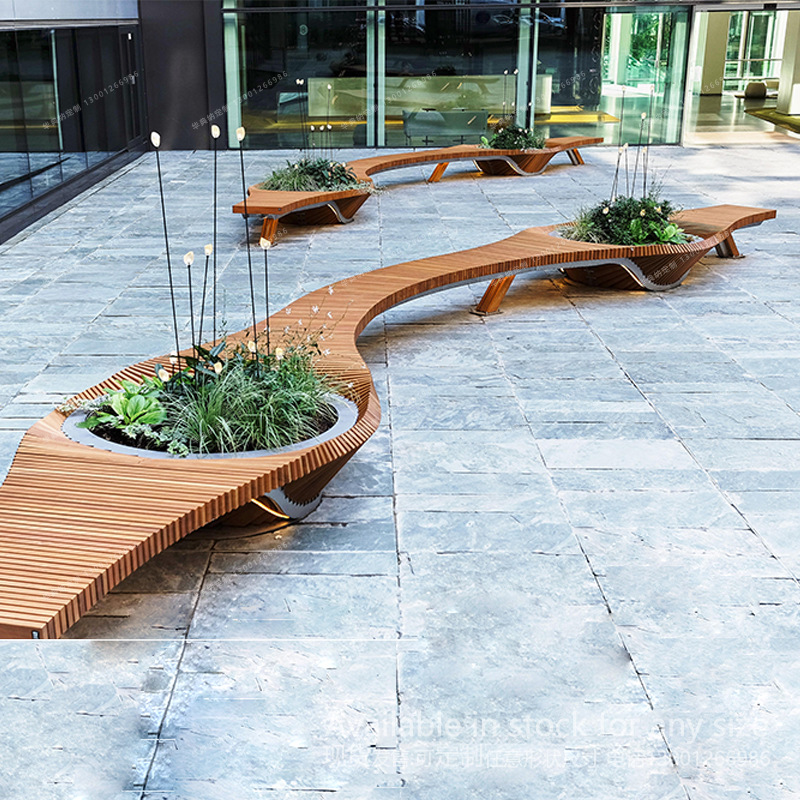 户外商场公园广场美陈休息座椅步行街公共艺术切片带花箱绿化椅子