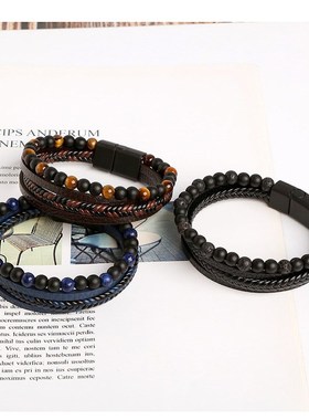 学生风男款饰品手工超纤编织虎眼天然石合金男士手錬皮革串珠手镯