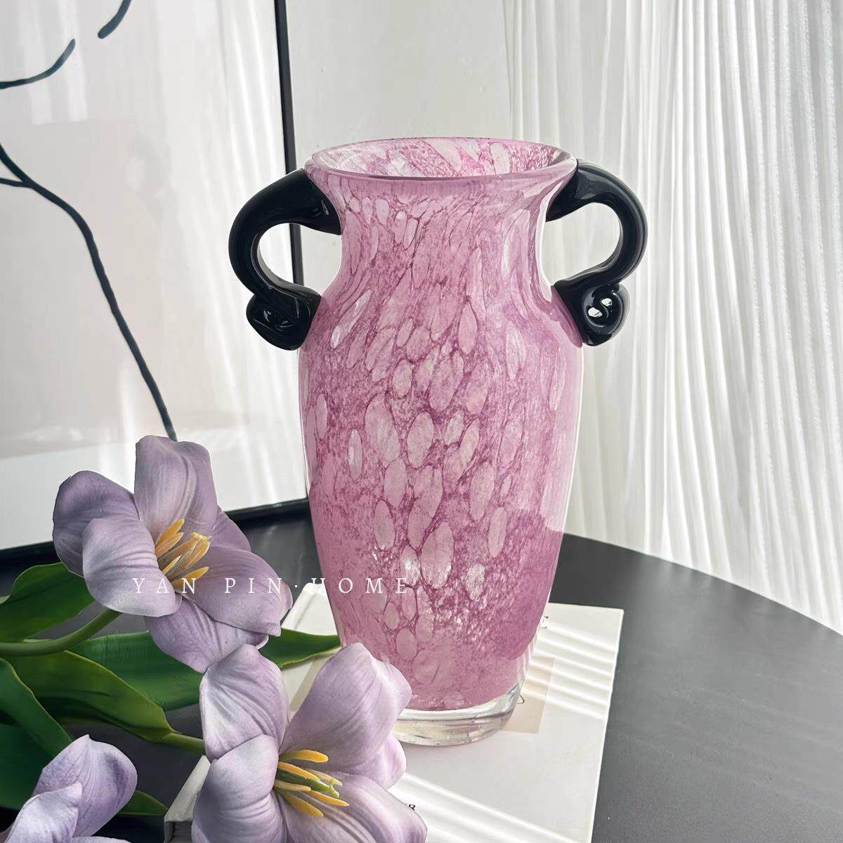 中古轻奢琉璃花瓶双耳客厅插花摆件水培鲜花装饰玻璃装饰花器