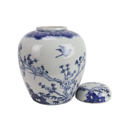 景德镇纯手绘青花宝珠坛仿古陶瓷鱼草图盖罐储物罐青花瓷居家摆件
