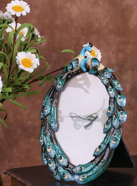 田园相框创意孔雀蓝椭圆形文艺复古摆件画框影楼婚纱照片儿童相框