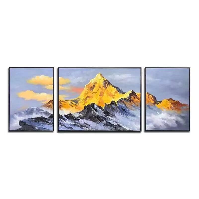纯手绘油画金山风景三联客厅装饰画档手工沙发背景墙挂画新中式