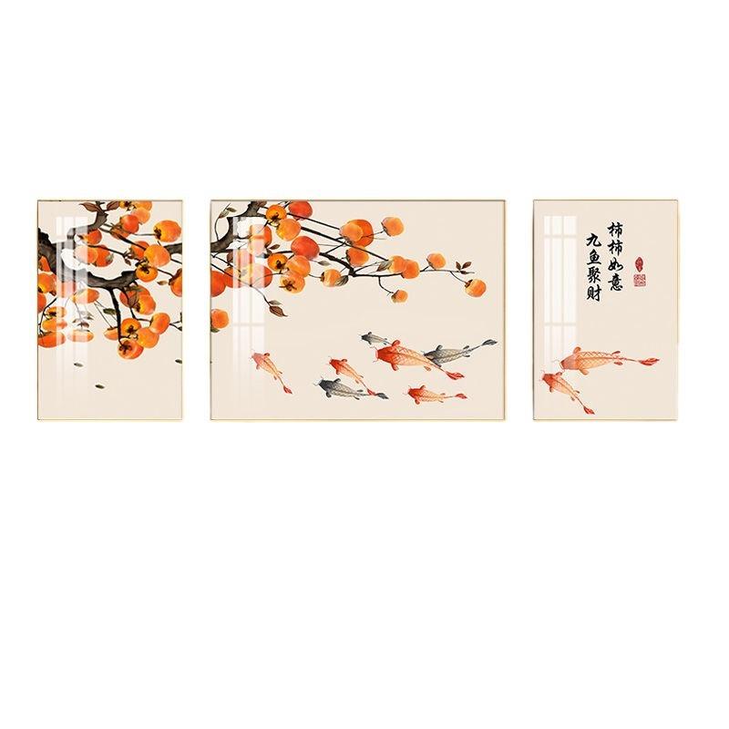 新中式客厅挂画事事如意组合三连画柿柿墙面水晶画沙发挂墙装饰画