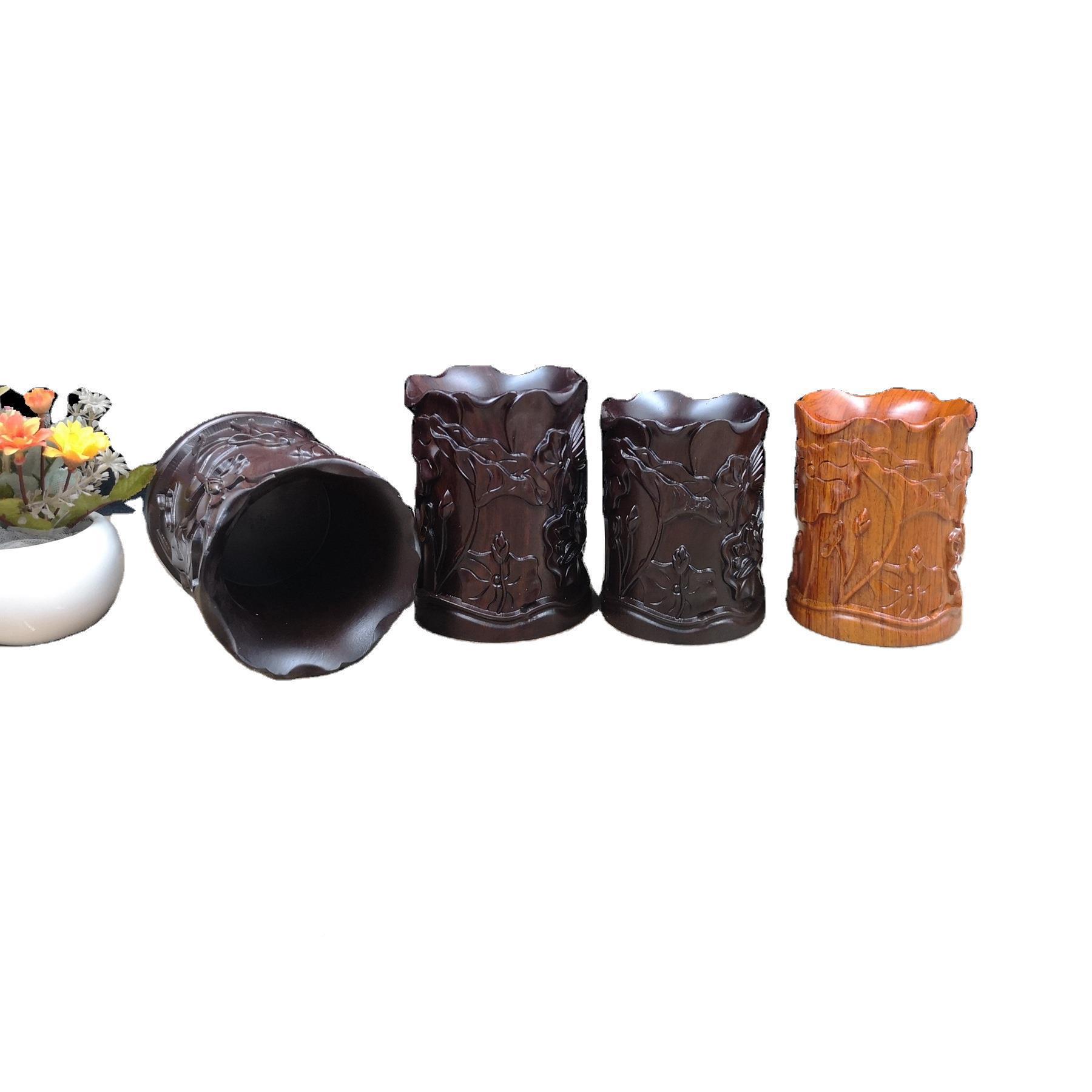 黑檀荷花G木桌笔筒创意实用木质笔桶装笔复QCN古面雕摆件LOO