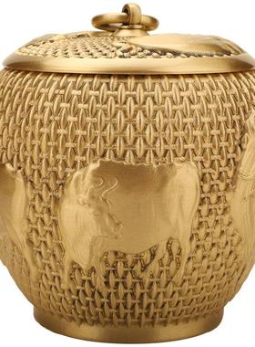 铜匠千茶年黄铜五牛叶罐黄五牛茶叶铜工艺品摆件茶具茶务道铜商器