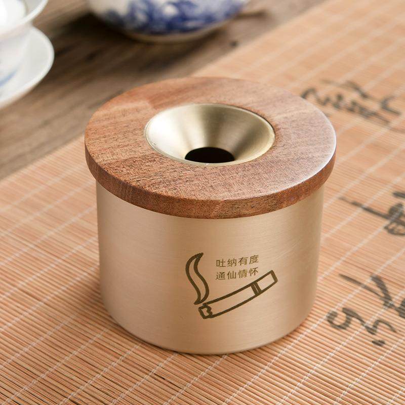 纯铜客厅家用黑檀木带盖飞灰烟缸防实古创意复黄LD铜烟灰缸