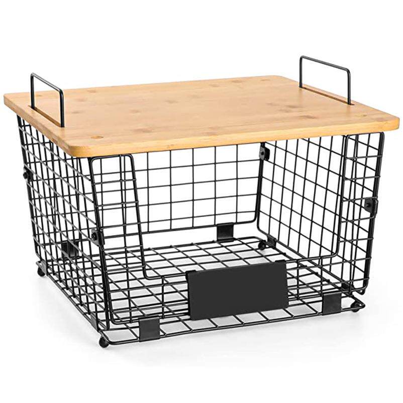 多用途折叠橱柜收纳架铁艺竹板篮客厅厨房食品蔬果双层收纳篮