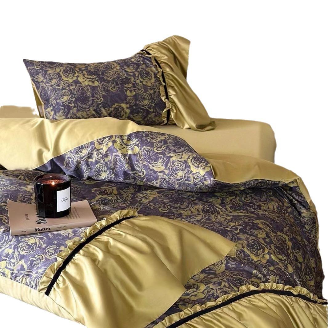 法高式1级全棉件套00支荷叶边公四主风绿色贡缎床单被L2套家纺床