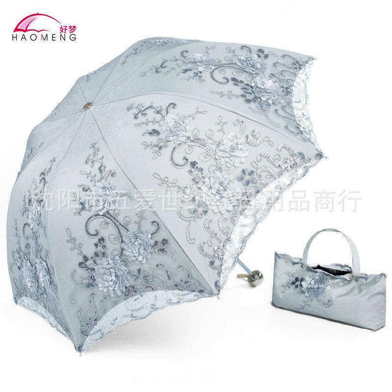 蕾丝伞刺绣太阳伞公主伞二三折叠清新晴雨两用防晒遮阳伞厂家