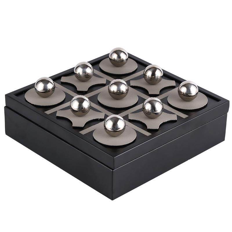 现代轻奢金属皮革样板间售楼处磨砂九宫格棋盘软装饰品收纳盒摆件