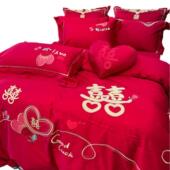 红H122色双喜刺绣结婚床上用品1.8床米绒2米双人被长棉备婚四套件