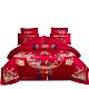 长绒棉结婚套六件套庆婚床上用H219品百子图四件被套红婚礼色红