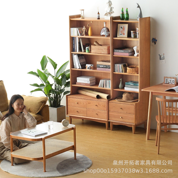 北欧实木书柜落地式樱桃木书架家用书房展示柜立柜日式储物高柜