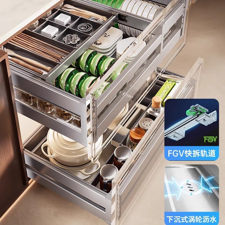 拉篮家用厨房橱柜抽屉式双层碗篮304不锈钢厨柜抽拉式碗碟架碗柜