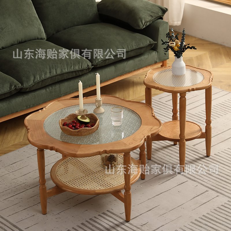 复古樱桃实木茶几简约客厅家具中古风小户型圆几海棠玻璃花边茶几