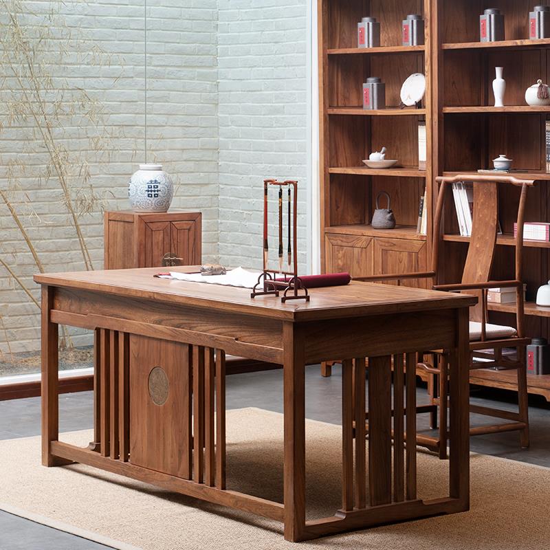全实木书桌新中式老榆木写字桌办公室书房办公桌简约带抽屉电脑桌