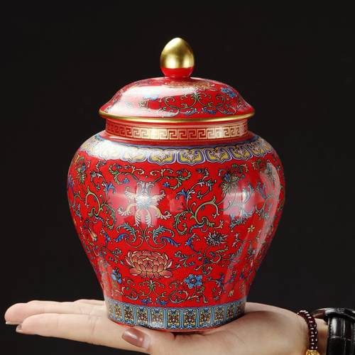 高档珐琅彩茶叶罐陶瓷大号红茶绿茶防潮密封罐家用储物罐子半斤装