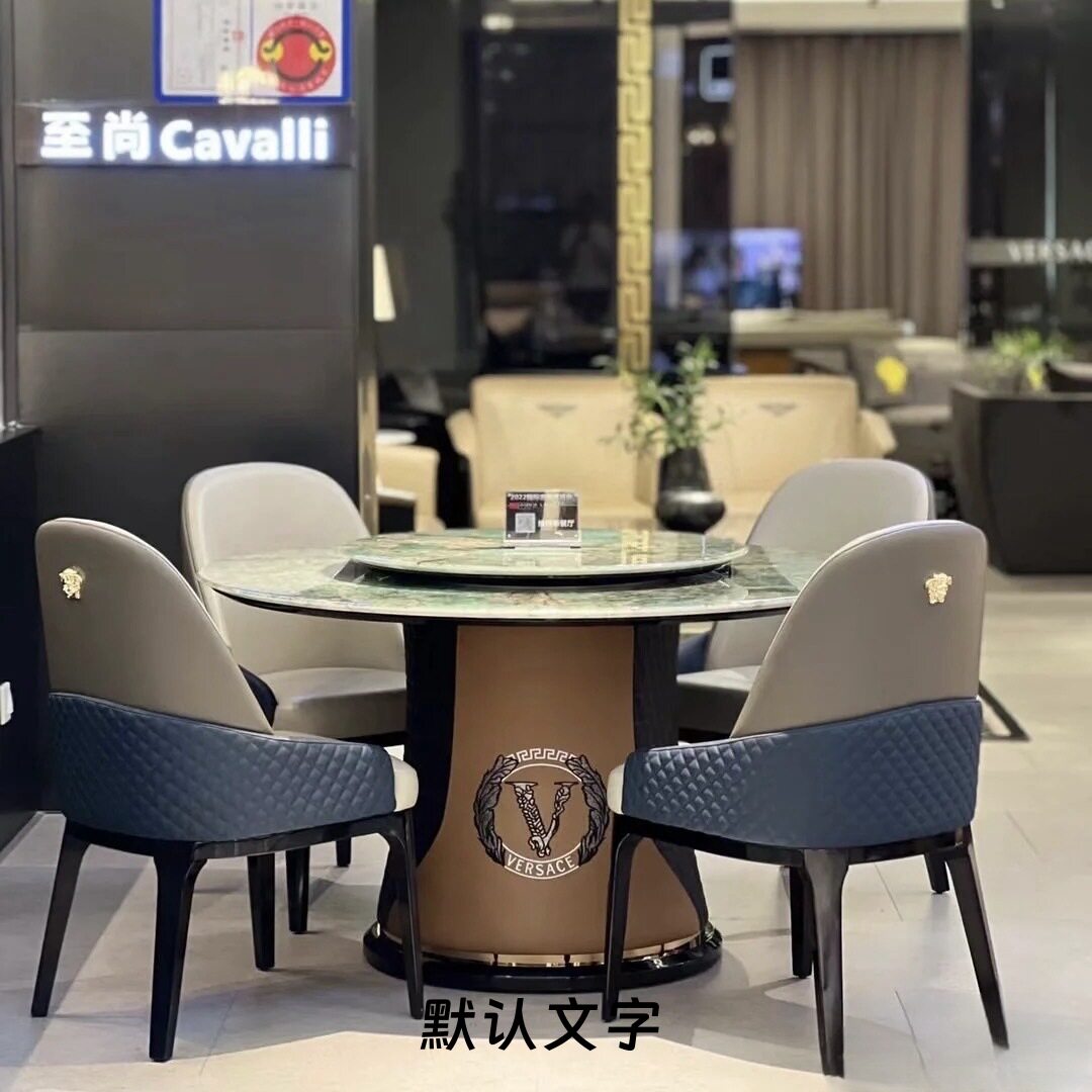 意大利意式轻奢圆形餐桌餐厅实木餐桌椅组合 豪宅别墅真皮高端餐